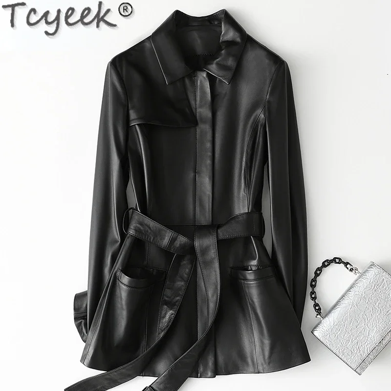 

Tcyeek Genuine Leather Jacket Women Sheepskin Jacket Coat Female Long Jackets Autumn Winter Slim Coats Black Belted Suit Косуха