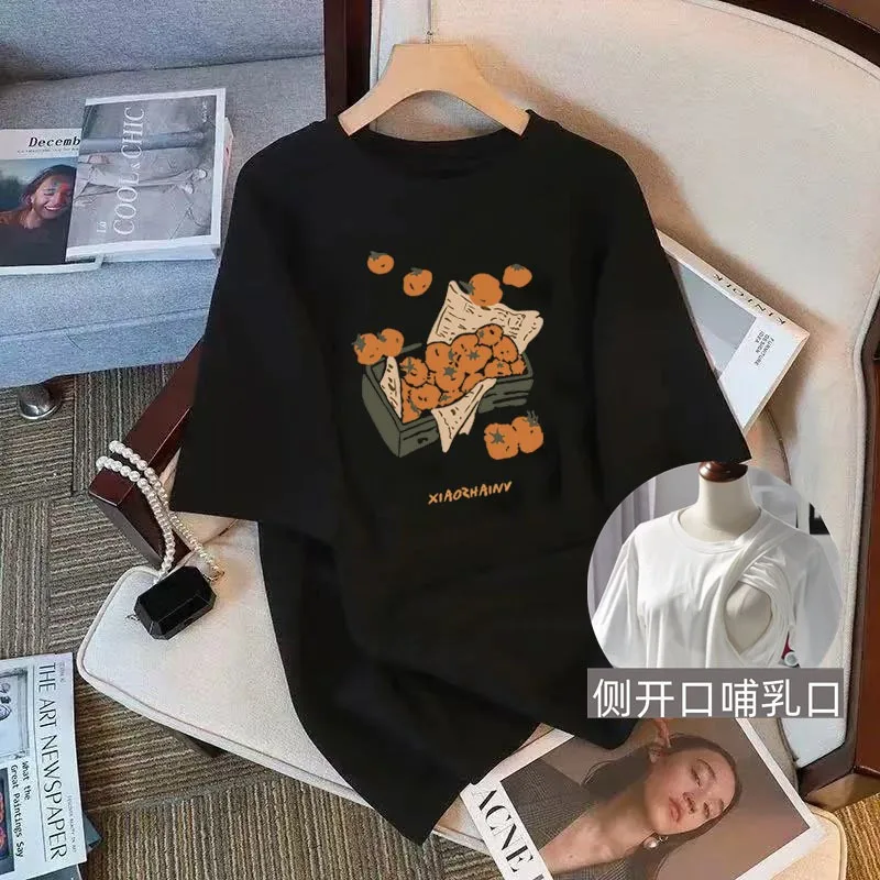 산후 여성 느슨한 간호 티셔츠 사이드 오프닝 여름 코튼 모유 수유 여성 캐주얼 반소매 탑 WT020