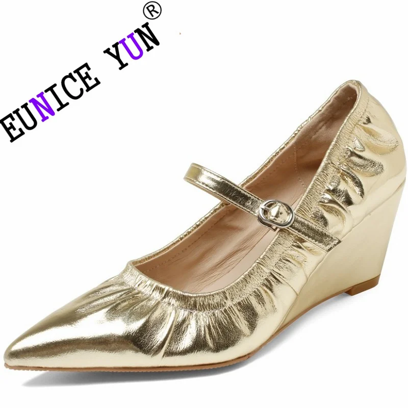 

【EUNICE YUN】New Genuine Leather Shoes Woman Mary Janes Wedges Shoes Solid Color Pointed Toe High Heels Party Dress Shoes 33-40