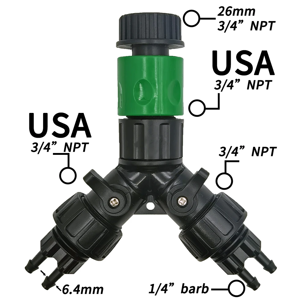 WUJIE Tap Adapter 2-Way 4-Way Splitter Connector EURO USA 3/4'' to 1/4'' Pipe for Garden Watering Hose Drip Irrigation System 6