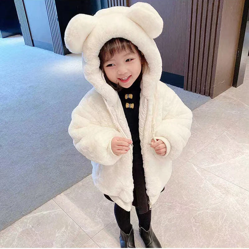 Toddler Girl's Warm Plush Hooded Coat with Bear Ears 4