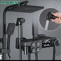 Digital Shower Set with 12 Inch ABS Rain Shower Head Brass Bathtub Mixer Tap Matte Black Thermostatic Bath Shower System Faucets 1