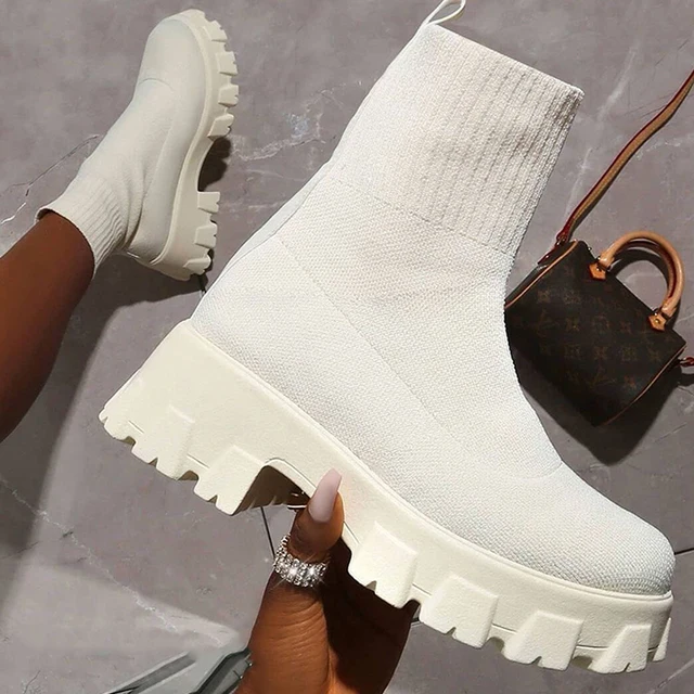 Autumn New Couple Sock Shoes Women Thick-soled Casual fly woven mesh Knitted Short Boots female Floater sneakers women s