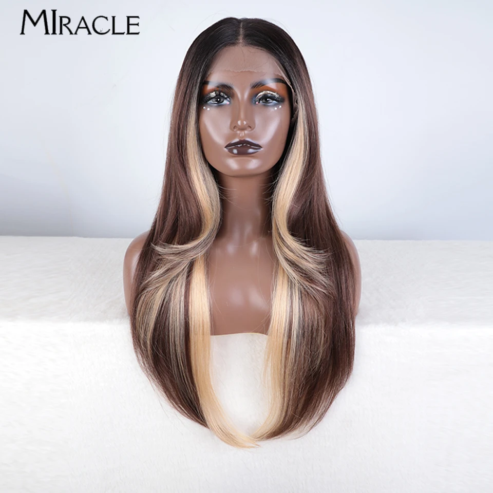 

MIRACLE 13X4 Synthetic Lace Front Wig for Women Straight Hair 28 Inch Natural Wig Ombre Blonde Wig Heat Resistant Fiber Hair