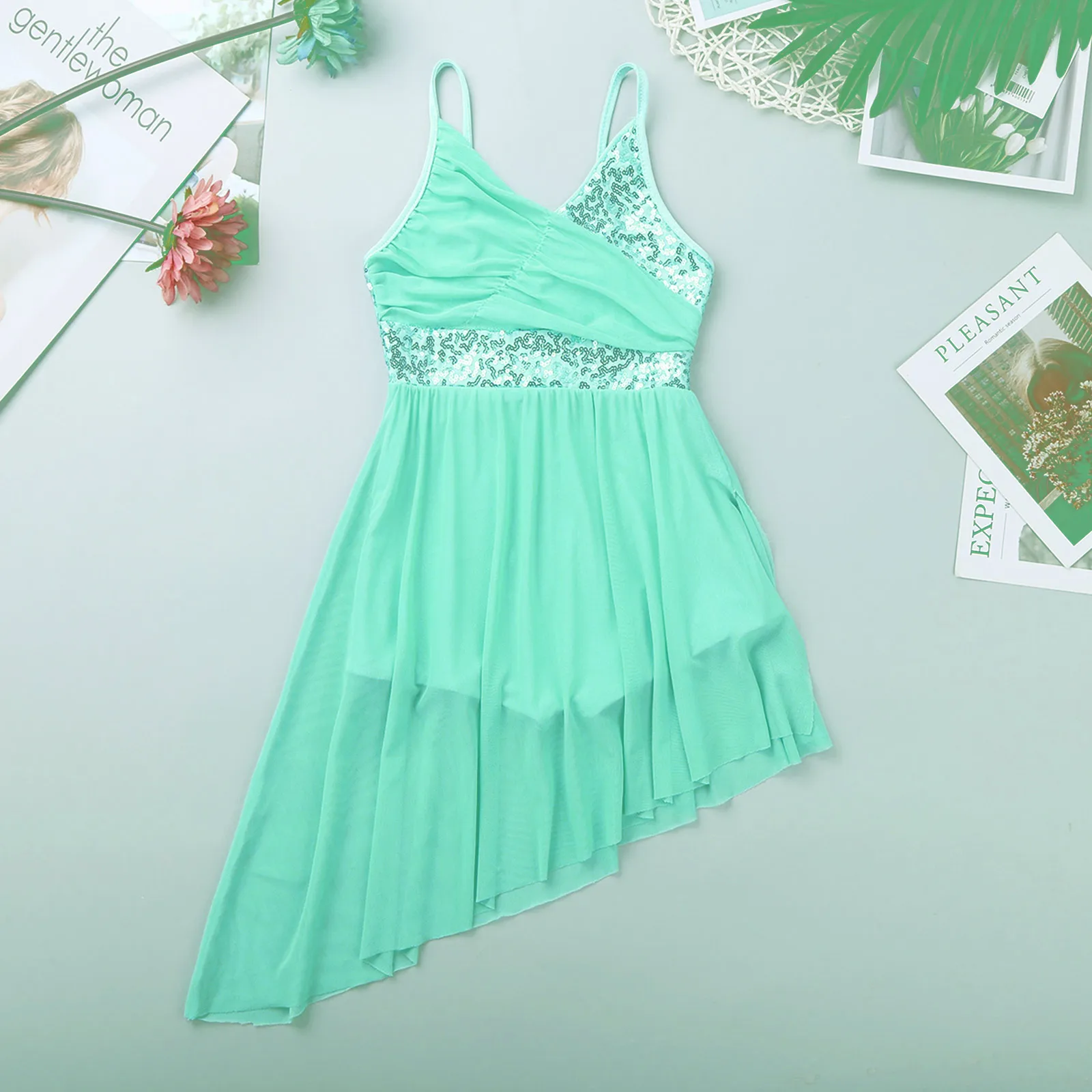 

Kids Girls Ballet Lyrical Dance Dress Gymnastics Tight Fitting Jumpsuit Dress V-Neck Sequined Irregular Hem Latin Dance Costume