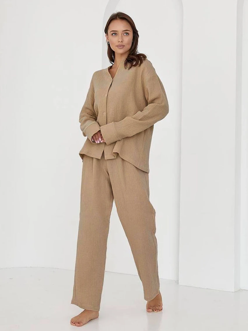 Marthaqiqi Cotton Ladies Sleepwear Suit Long Sleeve Nightgowns O-Neck Pajamas Wide Leg Pants Casual Female Nightwear 2 Piece Set