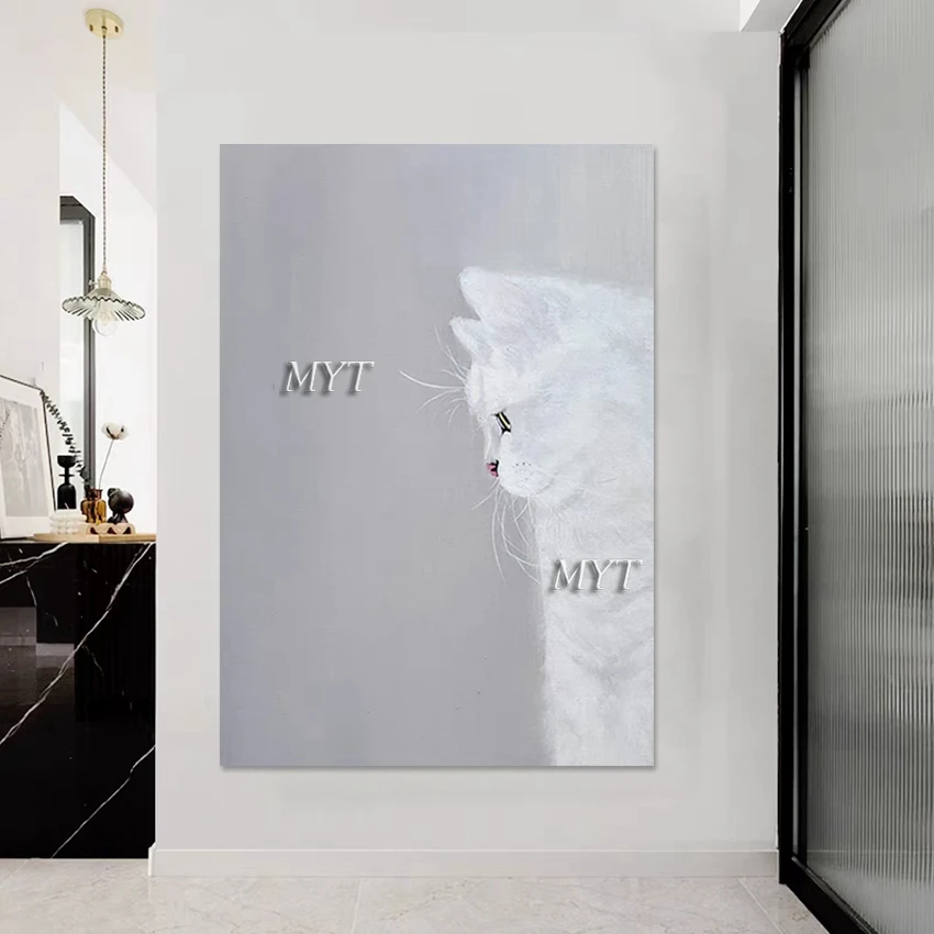 

African Art Canvas Abstract Cat Painting Handmade Artwork White Acrylic Texture Unframed Animal Wall Pictures For Living Room