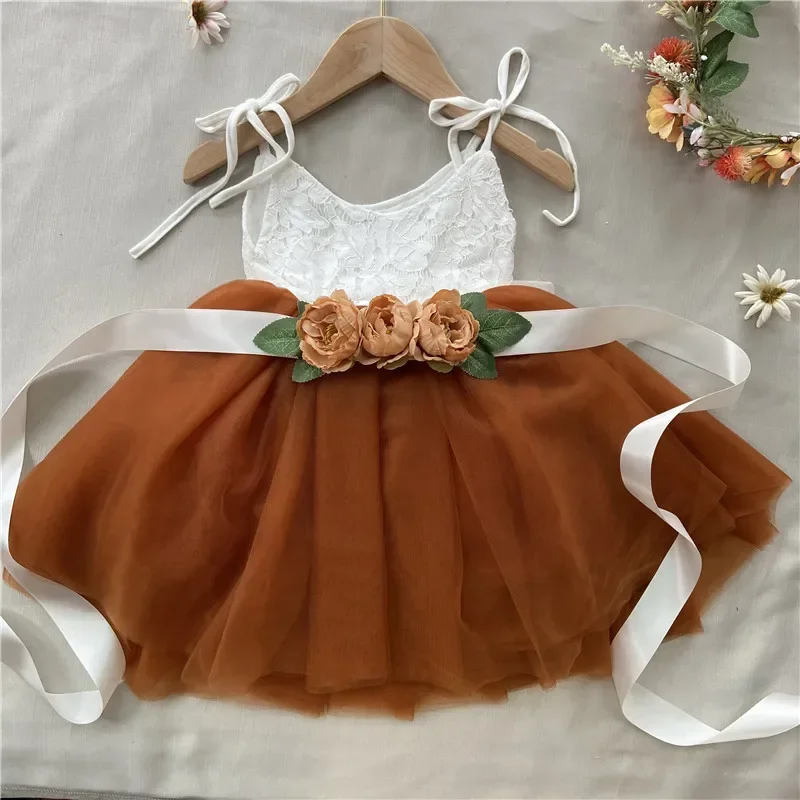 Beautiful flower girls wedding dress children party tutu gown for kids children flowers sashes princess sling summer dress