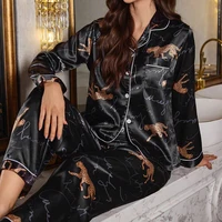 Women's Color-Blocked Floral Print Pajama Set Satin Long Sleeve And Pant For Comfortable Sleep Soft Loungewear And Sleepwear Pjs