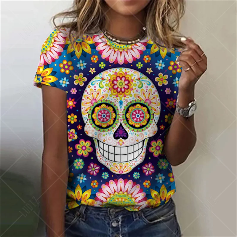 

2024 Funny Sugar Skull Women's T Shirt 3D Print O-Neck Short Sleeve Tees Luxury Female T-shirts Oversized Y2k Clothing For Girls