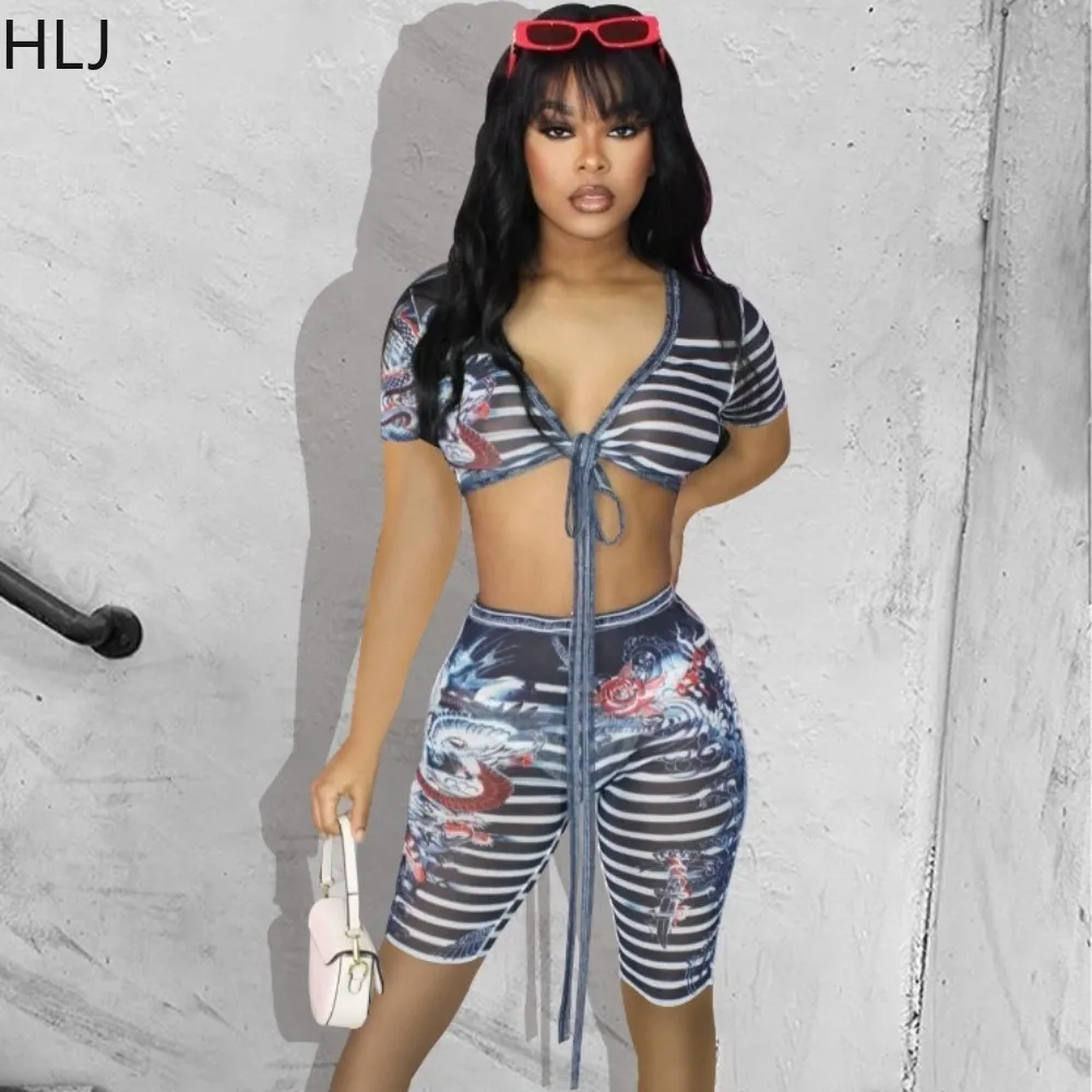 HLJ Fashion Gothic Style Streetwear Women Mesh Embroidery Perspective Deep V Bandage Crop Top+Skinny Shorts Two Piece Sets 2024