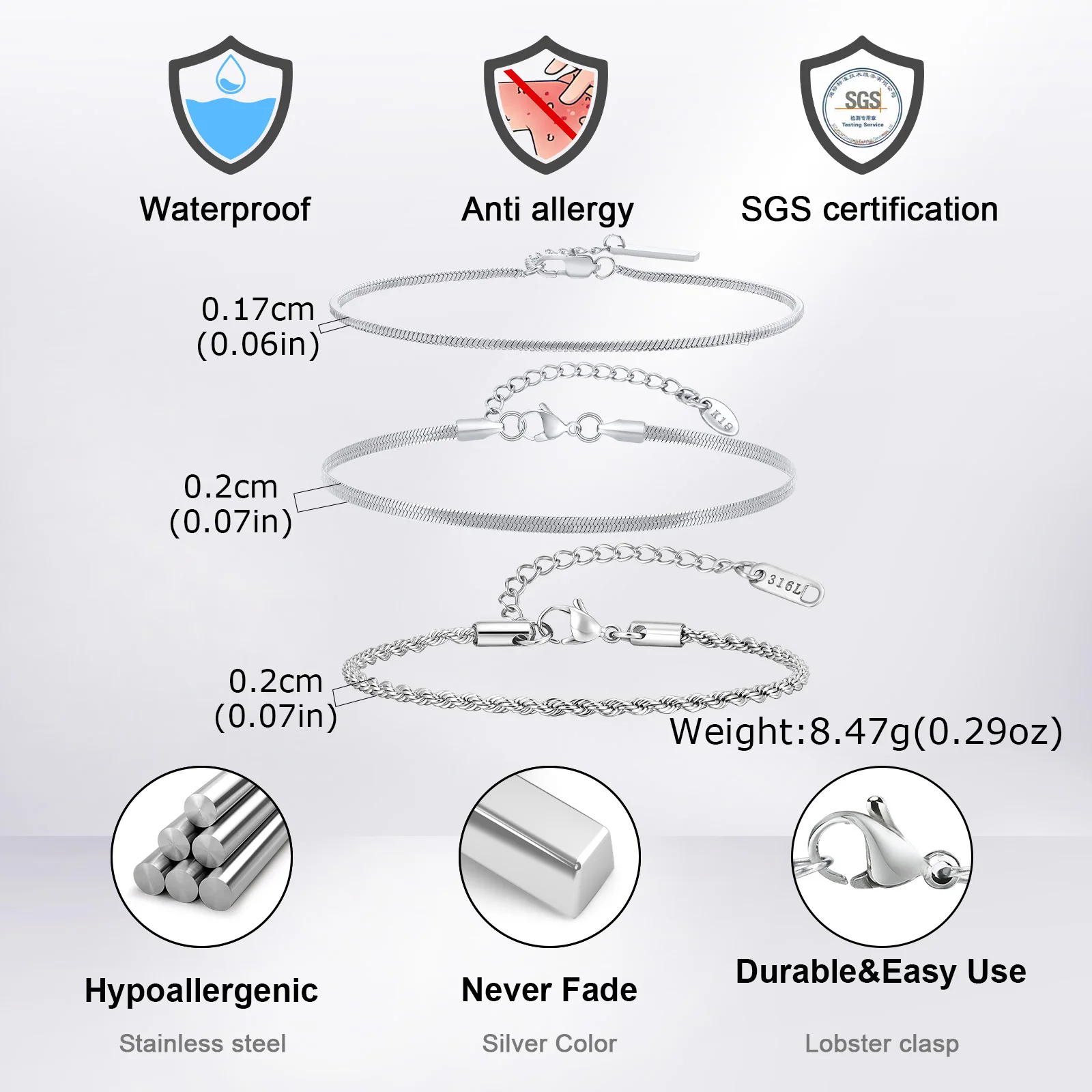 3pcs Men Thin Chain Bracelet,Never Fade Silver Color Twist Chain Wristband,Stylish Punk Jewelry Gift