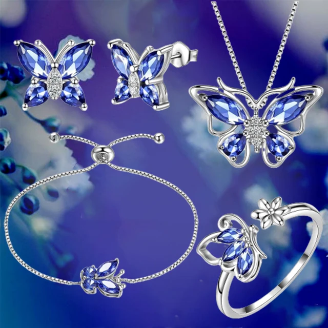 5pcs Butterfly Jewelry Set For Women Butterflies Birthstone Pendant Necklace/Earrings/Rings/Bracelet Wedding Gift 1