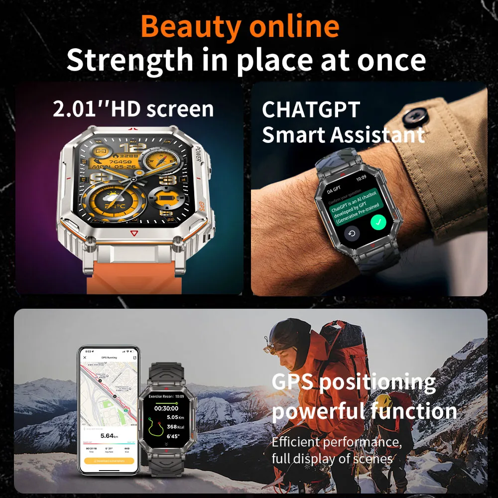 남성용 KR92 GPS 스마트워치 - 2.01인치 HD 화면, 100가지 이상의 스포츠 모드, LED 손전등, 블루투스 통화, 나침반 및 고도 모니터