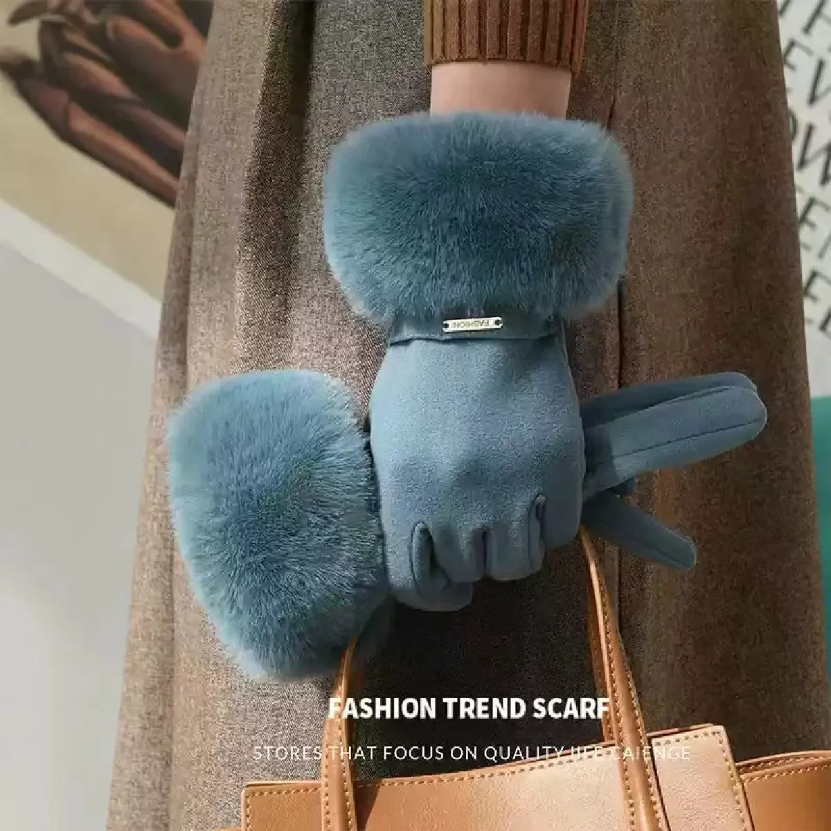 Winter Women Keep Warm Plus Velvet Touch Screen Thicken Plush Wrist Suede Gloves 2