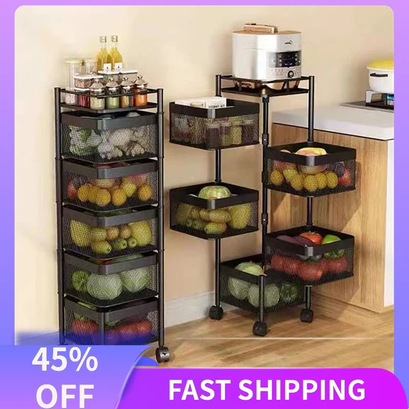 

Rotating Storage Baskets Rack 5 Tier Stackable Metal Basket Kitchen Storage Shelf Cube Fruit Vegetable Organizer With Wheels