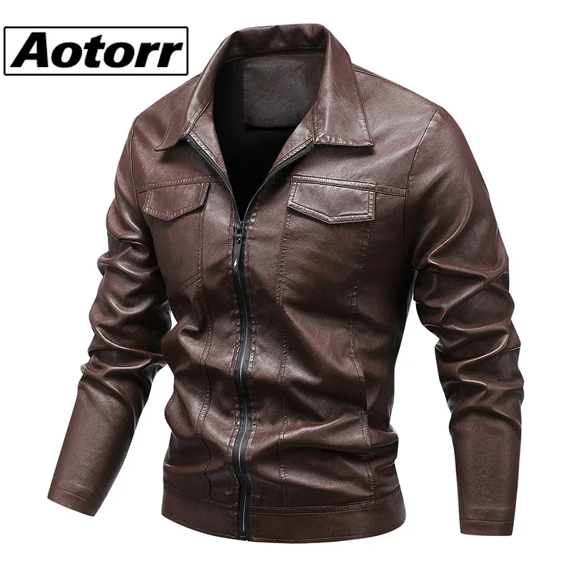

New Men's Lapel Leather Jackets Spring Autumn Casual Retro Motorcycle PU Jacket Cuff Zipper Warm Comfortable Windproof Men Coat
