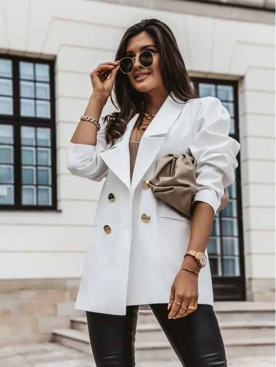 Elegant Office Ladies White Blazer Coat Spring Casual Long Sleeve Metal