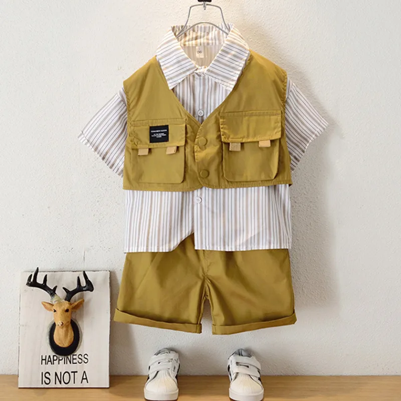 

2023 Summer Cotton Kids Outfit Fashion Children Clothes Set Short Sleeve Striped Cagro Shirt+Short Pant Suits For 2-12Years