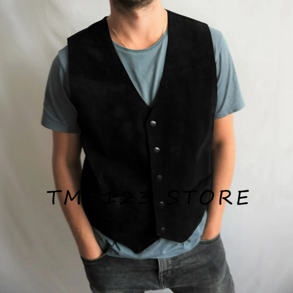 Men's Suede Casual V-Neck Single Breasted Vest Steampunk Wang Male Clothes Cufflinks Suit Jackets Elegant Suits Vests Formal Man