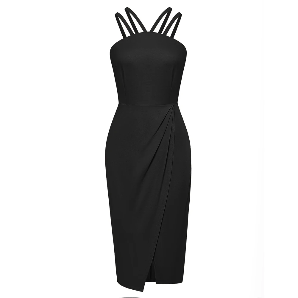 

BP Women Vintage Wrap Hem Dress Dual Strap Below Knee Halter Bodycon Dress