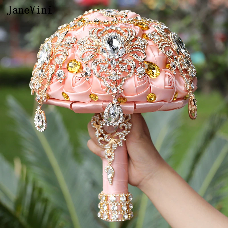 JaneVini Luxury Diamond Light Pink Flowers Butterfly Brooch Bridal Bouquets Artificial Satin Roses Gold Jewelry Wedding Bouquet