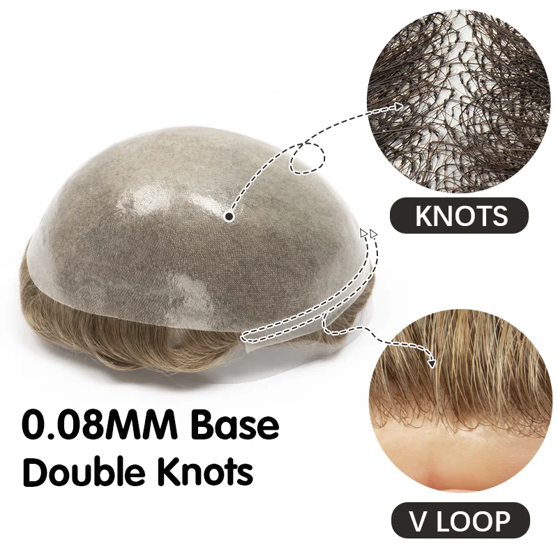 Parrucchino da Uomo con Doppi Nodi, Sistema di Sostituzione Capelli Umani con Base Sottile 0.06-0.08mm, Protesi Capillare Durevole - immagine 2