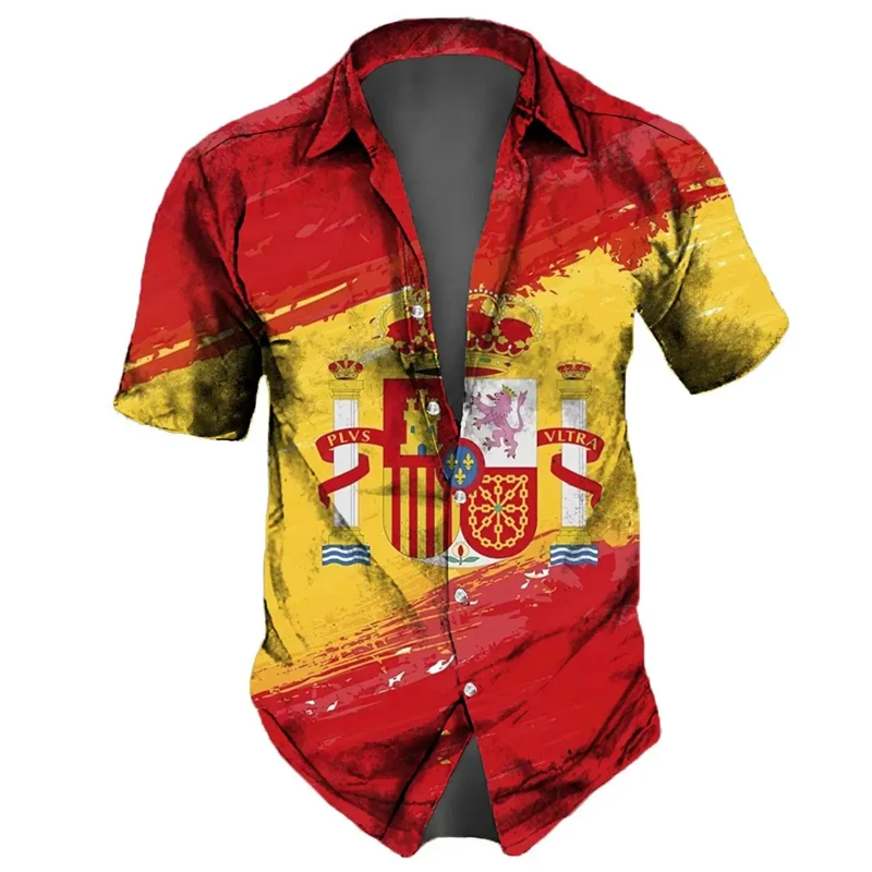 

Spain National Emblem Graphic Shirts For Men Clothes Spanish Flag Sport Blouses Streetwear Short Sleeve Summer Lapel Blouse Tops