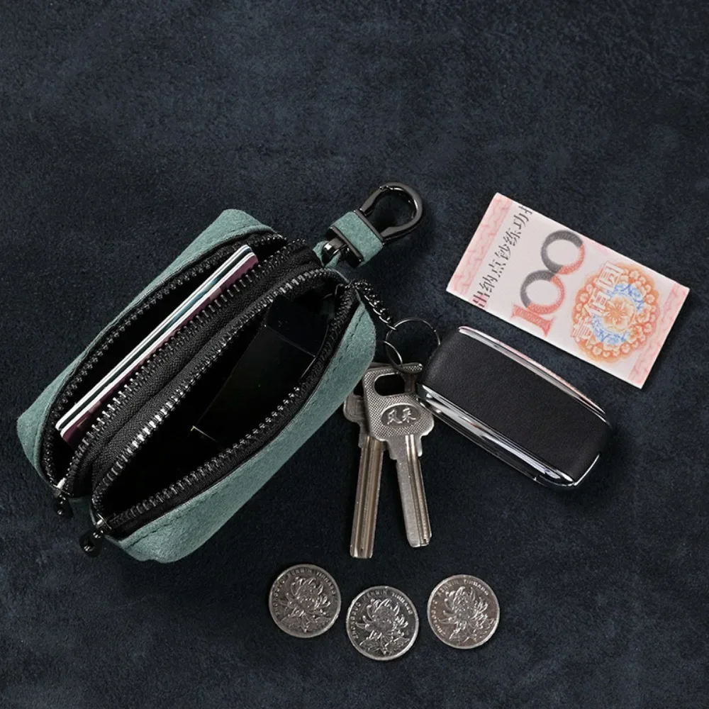 Portable Keychain Wallet for Men Women Large-Capacity Double Zipper Key Pouch Bag Suede Leather Key Case Unisex Coin Purse