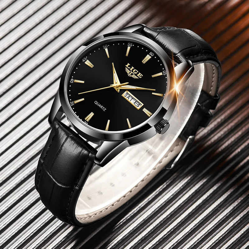 LIGE Fashion Luxury Quartz Men Watch Business Leather Band Auto Date Watches for Men Luminous Waterproof Sport Wristwatch Clocks