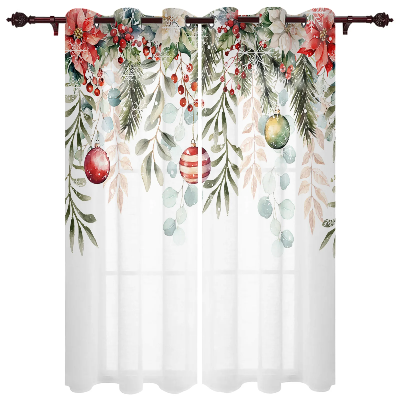 

Christmas Poinsettia Balls Fir Leaves Window Curtains for Living Room Luxury Bedroom Curtains Coffee Kitchen Decor Drapes