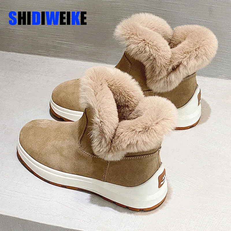 

Winter Women Short Plush Warm Snow Boots Casual Shoes Cow Suede Fur Chelsea Ankle Boots Flats Platform Ladies Shoes Botas