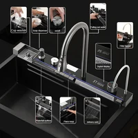 304 Stainless Steel Waterfall Kitchen Sink Large Single Slot Integrated Digital Display Faucet Set Soap Dispenser Cup Washer 2