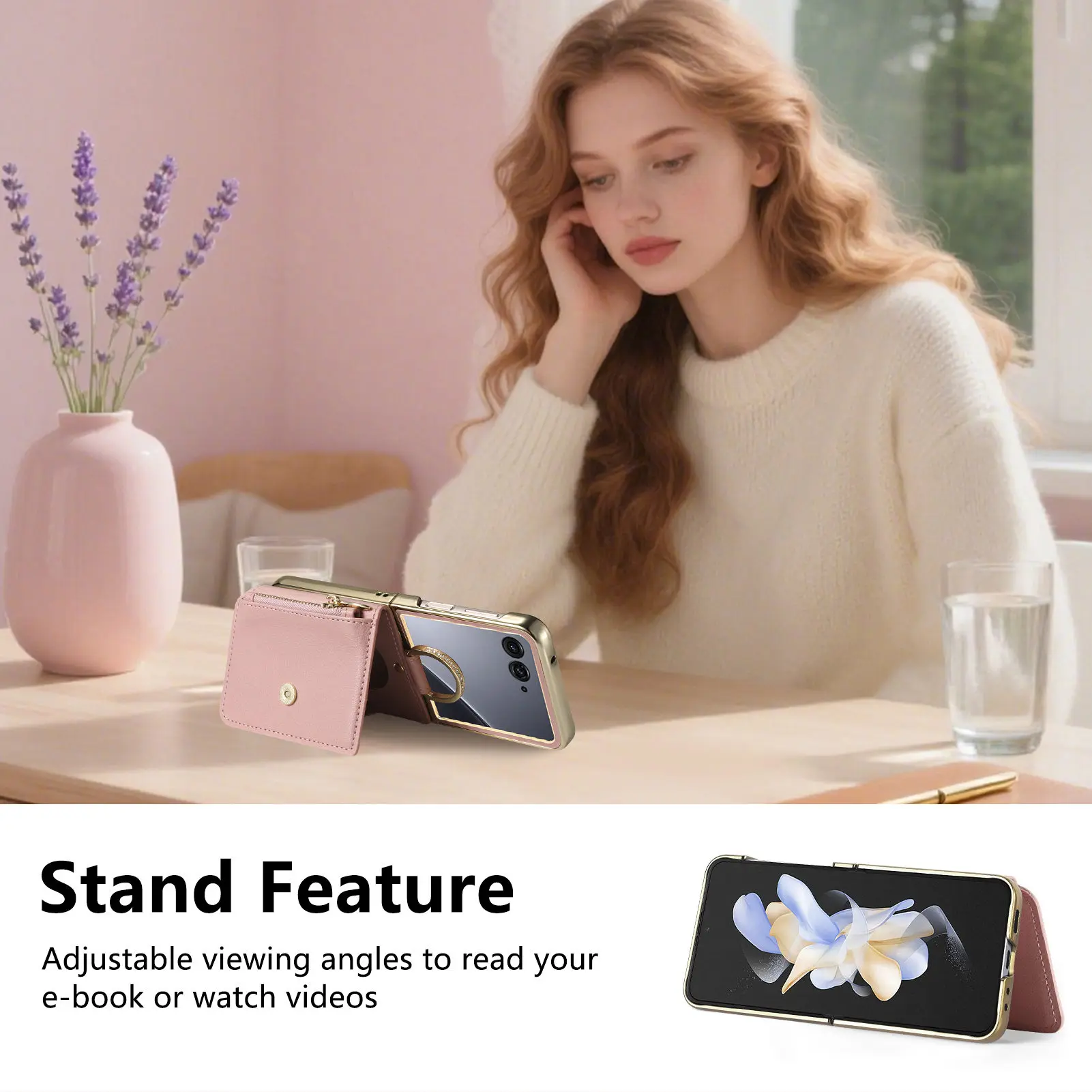 Luxury Zipper Leaf Magnetic Ring Holder Mirror Cards Solt Leather Phone case For Motorola Razr 60 50 Ultra Shockproof Cover