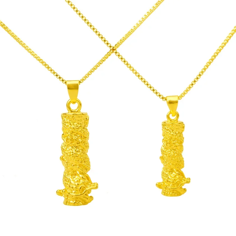 Real 100% Pure 14 K Gold Color Dragon Cylinder Necklace for Women