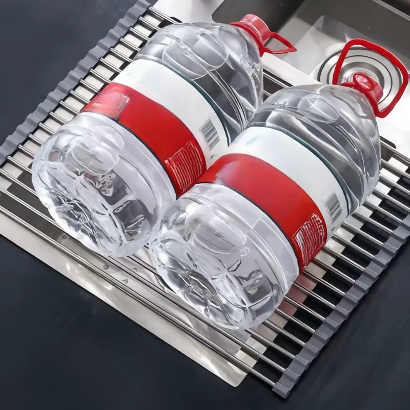 Roll Up Dish Drainer Shelf Stainless Steel Sink Drying Holder Foldable Food Rack Fruit Vegetable Washing Stand Kitchen Organizer 6