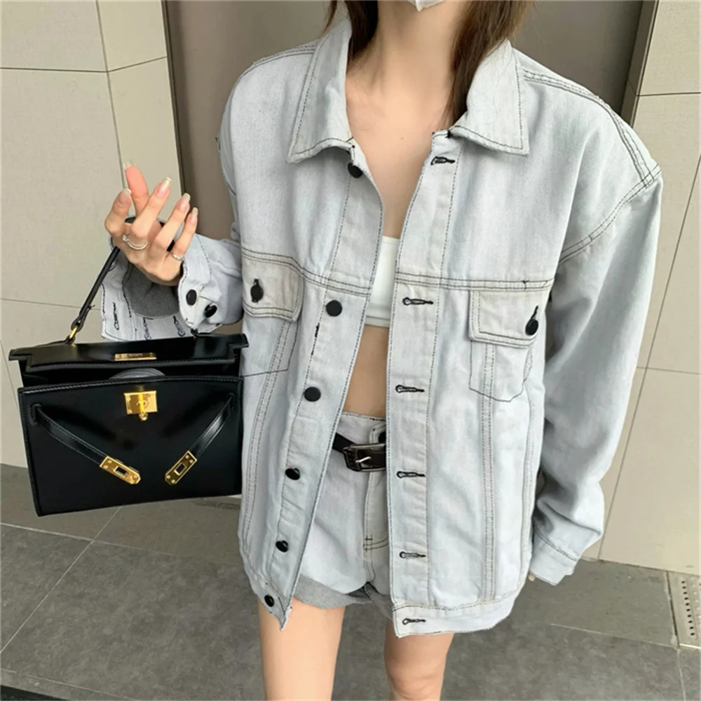 

Alien Kitty 2023 Summer Denim Suits Chic Women Loose Pockets Coats Mujer High Street Vintage Jeanswear OL Wide Leg Shorts Sets