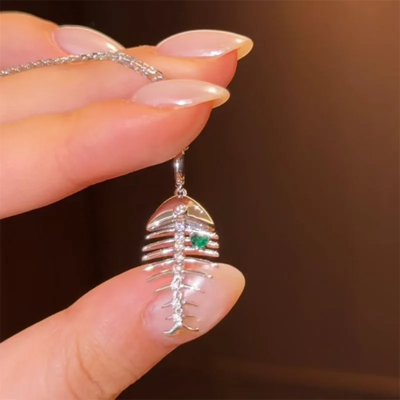 Fashion trendy green diamonds necklace accessories high-end simple and unique luster fishbone collares chain party jewelry gifts - 2