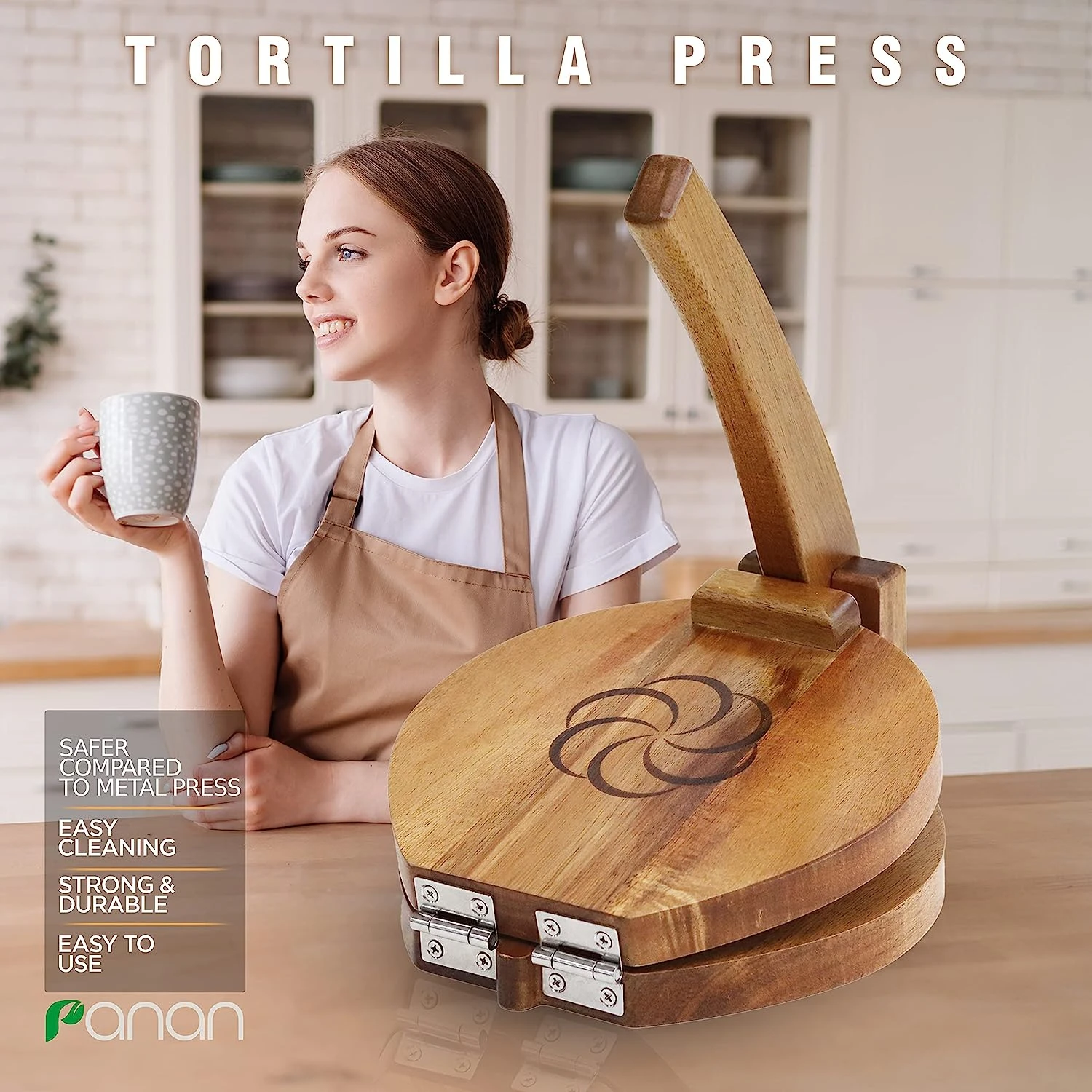 

Tortilla Press Mexican Tortillera Presser Made from Natural Food-Grade Acacia Wood - Large Wood Pataconera with 50 Pieces Parchm