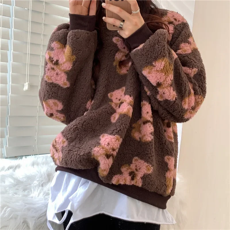 Korean Winter Sweatshirts Lamb Hair Kawaii Cartoon Bear Print Long Sleeve O Neck Thick Warm Harajuku Hoodie Ladies Fashion Tops loose zipper patchwork ladies warm thicken plus velvet coats winter women s lamb hair jackets fashion casual puffer windbreaker