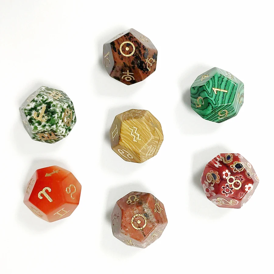 Natural Crystal Gemstone 12 Side Astrology Jewelry Carve 12 Constellations Symbol 3 Pcs Divination Polyhedral Custom Stone Dice