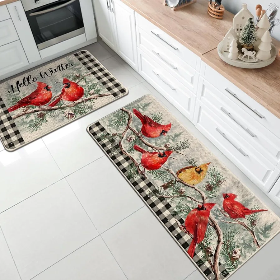 Farmhouse Cardinal Christmas Buffalo Plaid Kitchen Rug Set 2