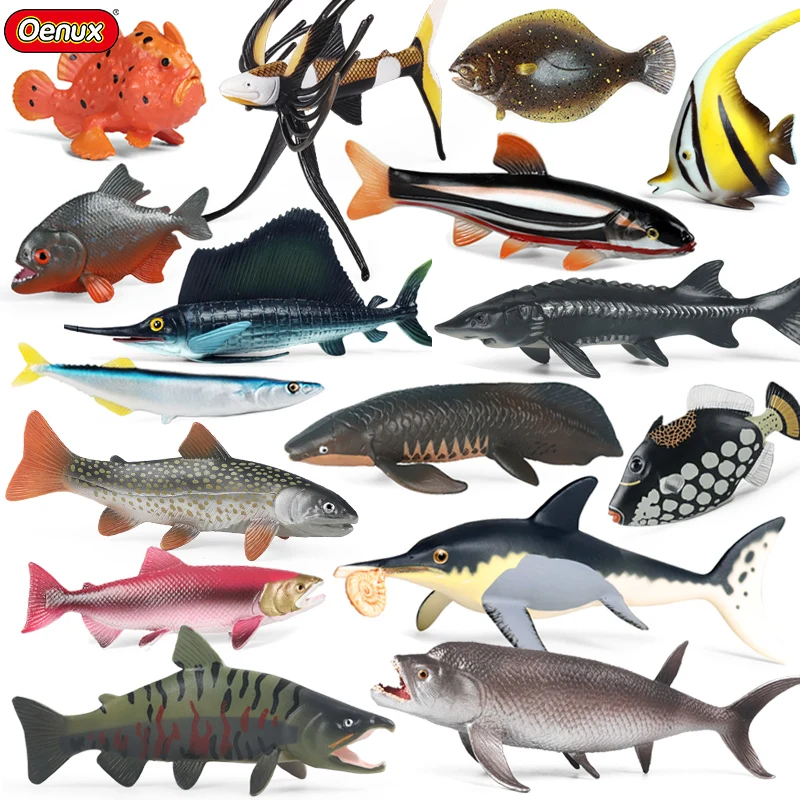 Oenux Sealife Animals Action Figures Ocean Fish Salmon Tuna Model Figurines Mini PVC School Project Kid Collection Education Toy