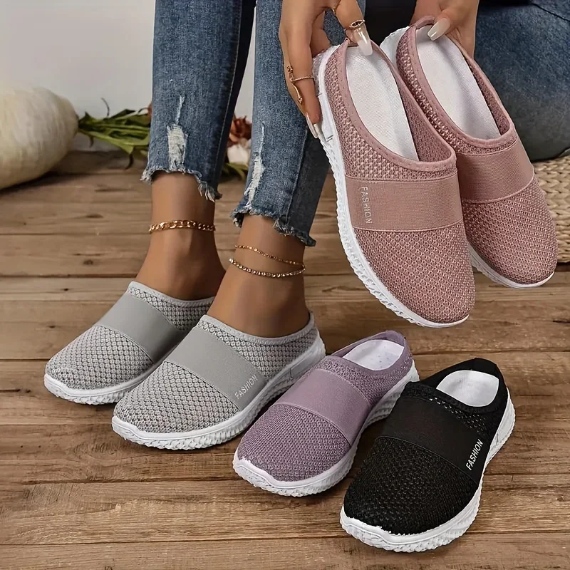Women's Solid Color Mules, Soft Sole Platform Slip On Walking Shoes, Half Drag Breathable Shoes 2