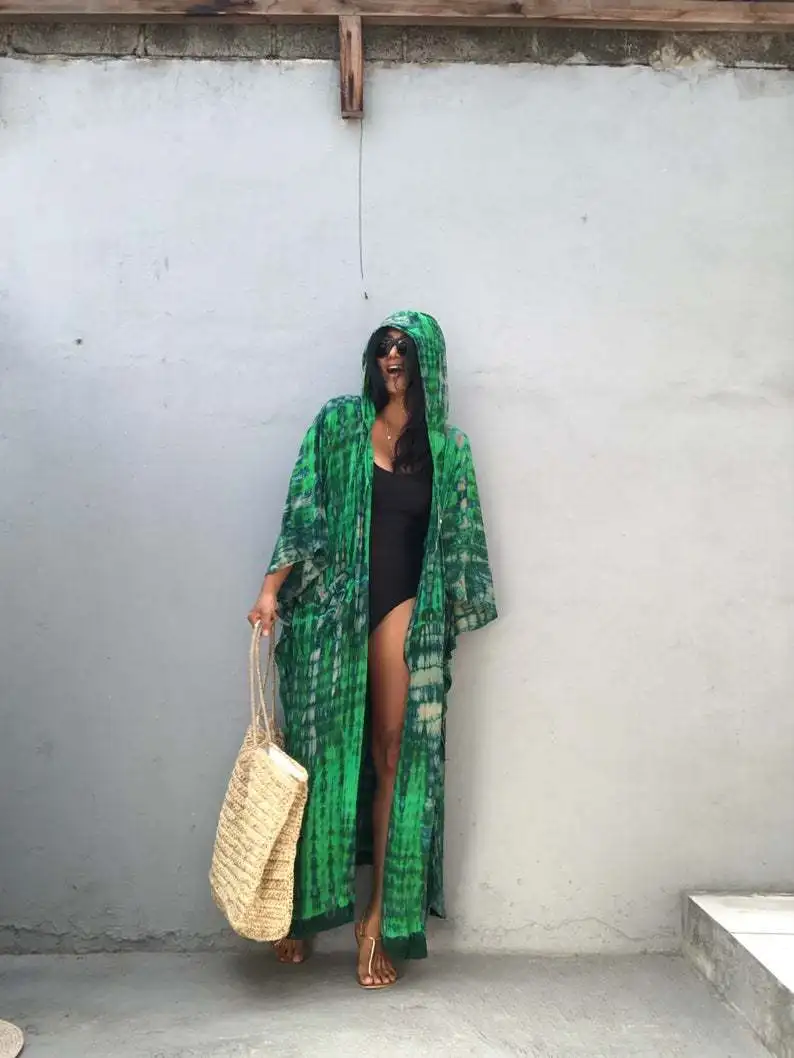 Beach Women Tie Dye Striped Bikini Cover Ups For Swimwear Hooded Swimsuits 2025 New Beachwear Japanese Kimono Mujer