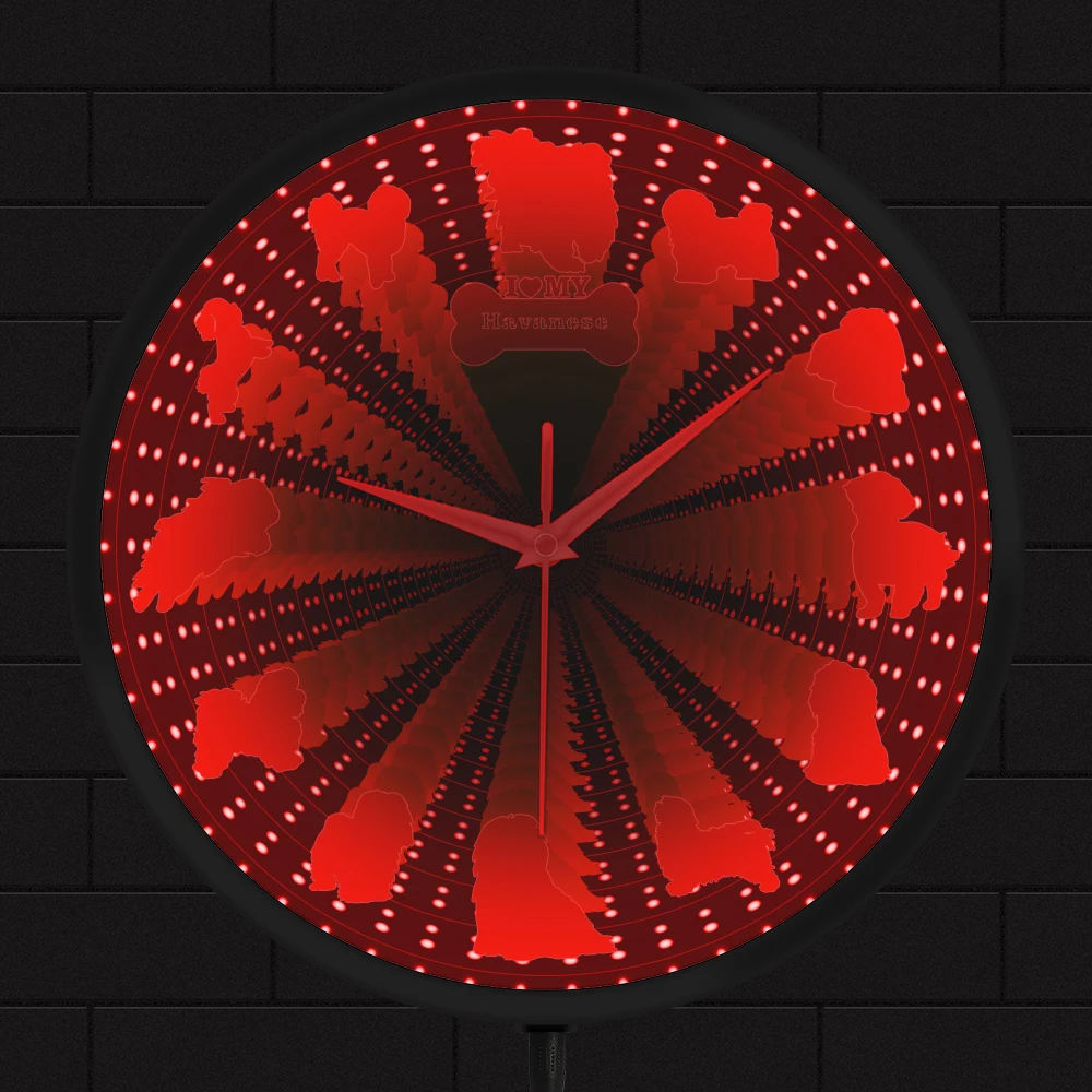 

Havanese Dog LED Infinity Mirror Visual Effect Wall Clock Living Room Decor Bichon Havanais Puppy Never Ending Tunnel Lamp Watch