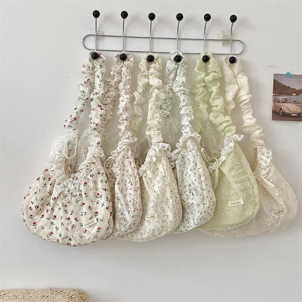 Elegant Sweet Fresh Lace Handbag Bowknot Underarm Bag Floral Pleated Shoulder Bag Pastoral Style Cloth Dumpling Bag Shopping