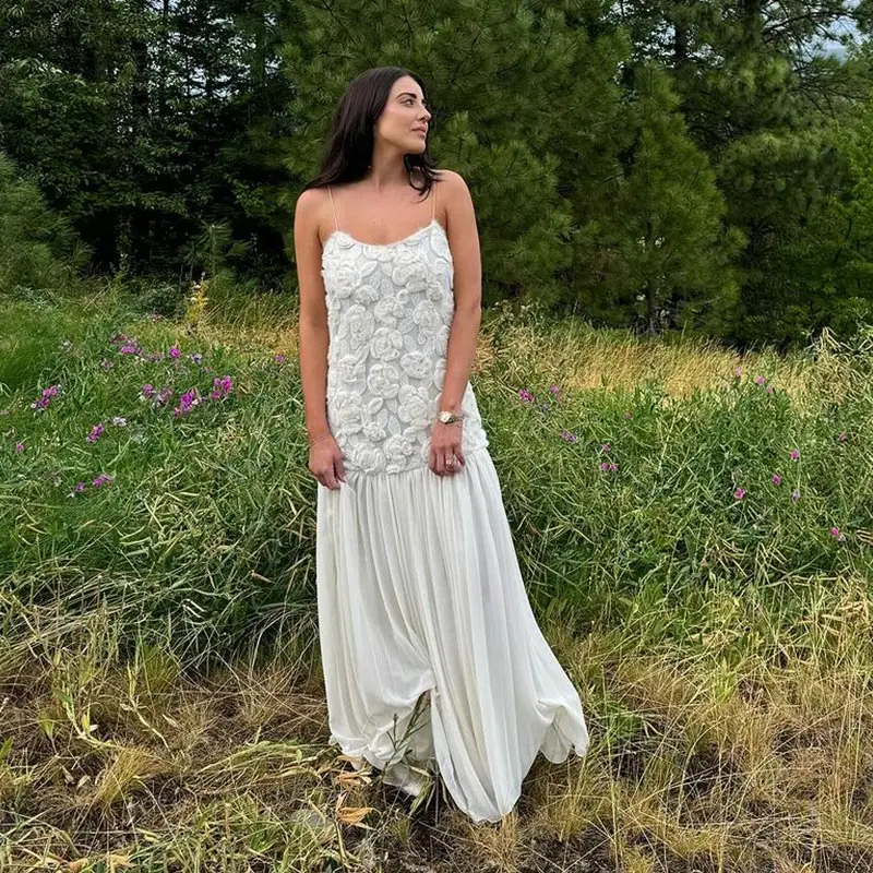 Elegant 3D Floral White Long Dress Women Patchwork Backless Pleated Party Evening Dresses Female 2025 Summer Lady A-line Robes