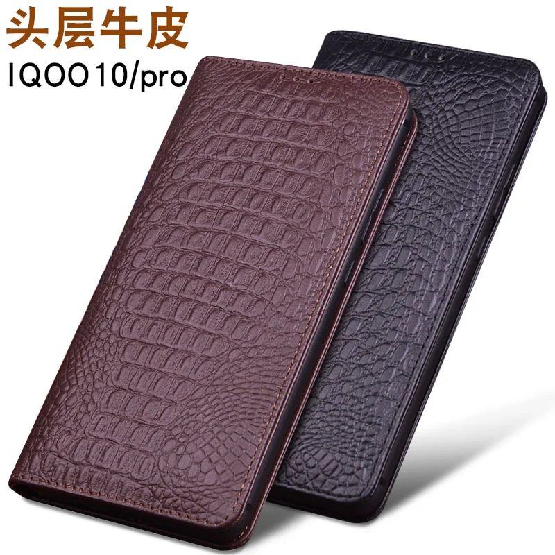 Luxury Lich Genuine Leather Flip Phone Cases For Vivo Qioo10 Iqoo 10 Pro Real Cowhide Leather Shell Full Cover Pocket Bag Case
