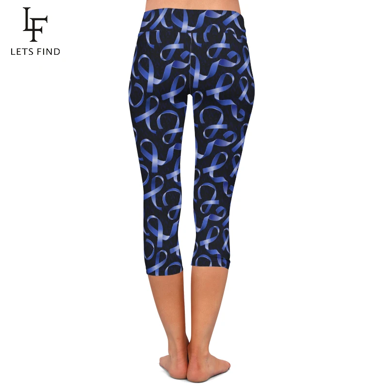 LETSFIND Summer 220gsm Milk Silk Blue Ribbon Print Capri Leggings High Waist Soft Fitness Mid-Calf Stretch Leggings